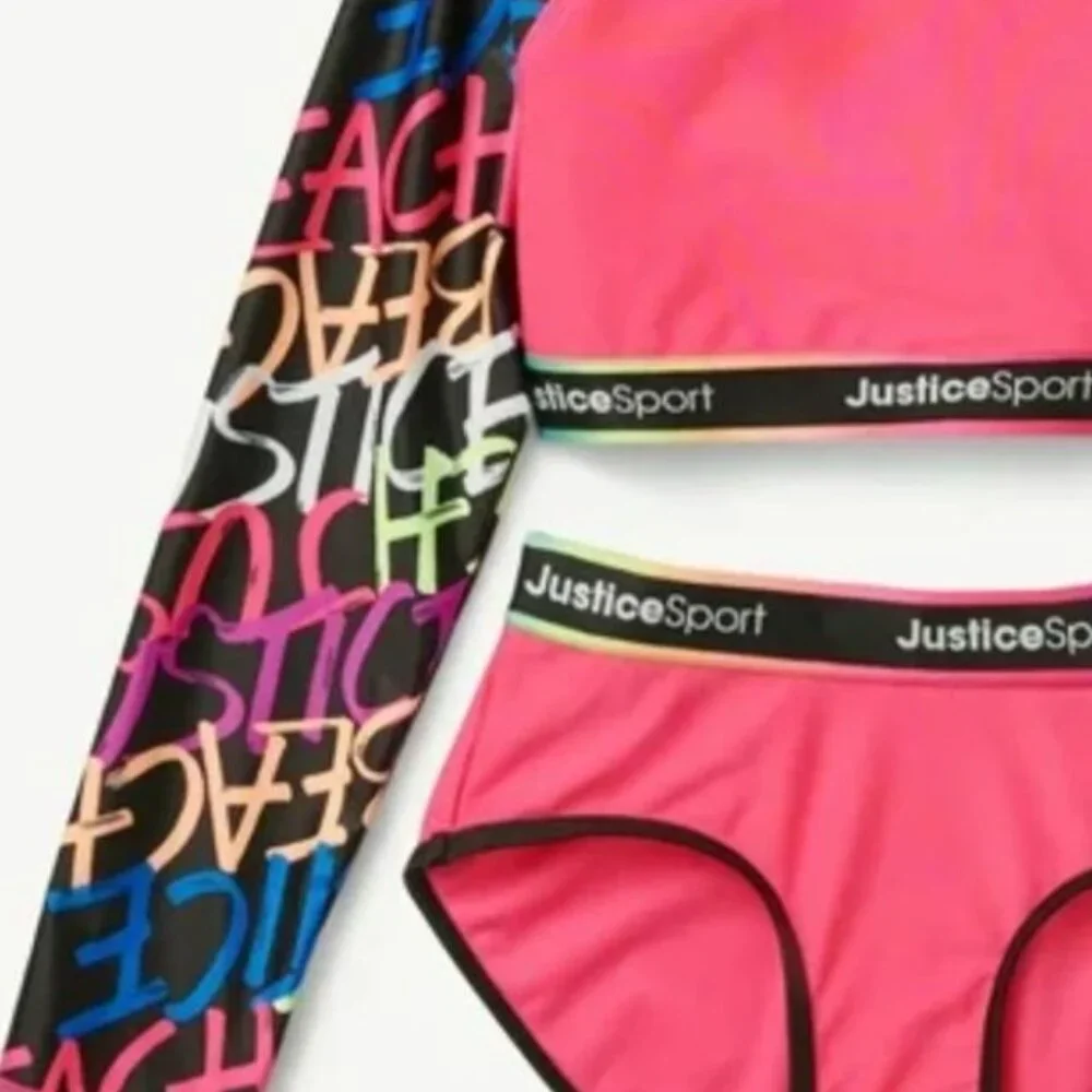 NWT Justice Sport Girls Pink Long Sleeve Rashguard Swimsuit Set L 12-14
